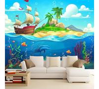 Papier peint intissé Animal De L'Île De Dessin Animé Art Decor, Papier peint Affiche Décoration 250 x 175 cm Photo, Bleu Moderne Papier Peint Décoration Murale pour Salon chambre bureau