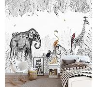 Papier Peint Intissé Animal Girafe Éléphant Noir Et Blanc Peint À La Main Décoration Murale Poster Tableaux Muraux Tapisserie Photo Trompe L'Oeil Salon Chambre Art Mural 400(W)X280(H)Cm
