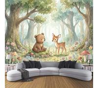 Papier peint intissé Animaux Ourson Cerf 350 x 256 cm, Vert Papier Peint Panoramique Dessins Animés Contes De Fées Décoration Murale Poster Tableaux, Tapisserie décorative pour Salon Chambre Cuisine