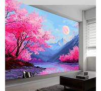 Papier peint intissé art pictural naturel 300L x 210H cm, Papier peint panoramique rivière fleurs de cerisier montagnes - grandes poster mural photo pour salon chambre restaurant décor fond TV
