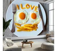 Papier Peint Intissé Assiettes Œufs Au Plat Texte 350 x 256 cm (L x H), Décoration Murale Poster Tableaux Muraux Tapisserie Papier peint Photo Réalisme pour Salon Chambre de Enfants Décor Fond TV
