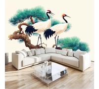 Papier Peint intissé Beige 150 x 105 cm, Photo Mural Traditionnel Grue À Couronne Rouge Branche De Pin 3D Papier Peint, Mural Pour Salon Chambre d'Enfant Bureau Décoration Murale Tableaux Muraux