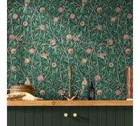 Papier peint intissé Bird & pomegranate imprimé fleurs, oiseaux vert L.1000 x l.52cm William Morris