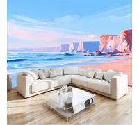 Papier Peint intissé Bleu 250 x 175 cm, Photo Mural Minimaliste Paysage Côte Falaises Vagues Plage 3D Papier Peint, Mural Pour Salon Chambre d'Enfant Bureau Couloir Décoration Murale Tableaux Muraux