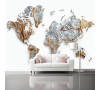 Papier Peint Intissé Carte du monde artistique avec texture métallique Papier Peint Panoramique Or Argent Tableaux Photo Muraux Utilisé Pour Salon Chambre 300 x 210 cm