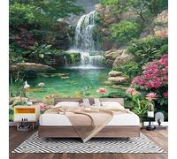Papier Peint Intissé Cascade Paysage D'éTang de Lotus Laine Papier Peint Panoramique Enfant 3D Effet Salon Chambre Bureau Couloir Peinture Nature Murale Décor Mural Moderne 350x256 cm