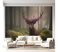 Papier Peint Intissé Cerf Dix-cors Fleurs de Animal Créatures de la Forêt Féerique Forêt Panoramique Fresque Murale, Papier Peint Panoramique Pour Salon Chambre Fond TV Décoration - 300 x 210 cm