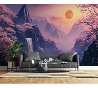 Papier Peint Intissé Cerisiers En Fleurs Montagnes Et Rivières 3D Moderne Photo Mural Nature Décoration Murale Grand Format XXL pour Salon Cuisine Bureau Chambre d'enfants TV mur 150x105 cm H1392