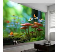 Papier peint intissé champignons papillons plantes fleurs 450 x 315 cm, murale poster tableaux muraux tapisserie papier peint photo photographie de nature pour salon chambre de enfants décor fond tv