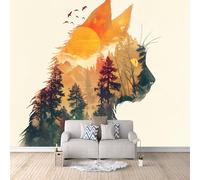 Papier peint intissé Chat 200 × 200 cm Toison Mur XXL Tableaux Muraux Tapisserie Photo Décoration Murale Salon Chambre Papier peint Animaux De La Forêt Au Coucher Du Soleil Chat -a-a-18036-c-a