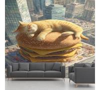 Papier Peint Intissé Chat, Papier Peint Panoramique Chaton Drôle Route De La Ville Hamburger, Fresque Murale - Décoration Murale Pour Salon, Chambre, Bureau - 450 x 315 cm(non adhésif)