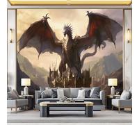 Papier peint intissé Château gothique du Dragon Décoration Murale 200 x 140 cm Poster Tableaux Muraux Tapisserie Panoramique Photo Trompe l'oeil Murale Salon Chambre Couleur chaude rouge brunâtre