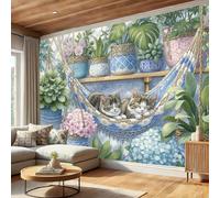 Papier peint intissé Chats Plantes En Pot 250 x 175 cm, Vert Papier Peint Panoramique Rafraîchissant Guérisseur Décoration Murale Poster Tableaux, Tapisserie décorative pour Salon Chambre Cuisine