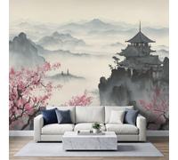 Papier Peint Intissé Chinois Classique Brume Vallée Fleur de Pêcher Moderne, Asiatique Traditionnel Art Muraux Photo pour Salon, Peinture Murale Vieux Rose Papier Peint Panoramique 250L x 175H cm