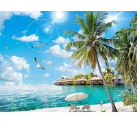 Papier Peint Intissé Coconut Tree Sea View Poster Geant Mural Pour Salon Chambre Chambre Restaurant Décoration Murale 250Cm(W)*175Cm(H)