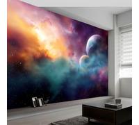 Papier peint intissé corps célestes espace planètes nuages, fresque murale design style onirique 200L x 140H cm pour chambre et bureau - Décoration murale papier peint panoramique facile à poser