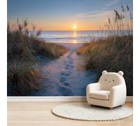 Papier Peint Intissé Côtier, Papier Peint Panoramique Côte Lever Soleil Dune Sable Arbuste pour Salon Chambre à Coucher, Déco Murale Maison Poster Tableaux, Décoration Photo Murale 250 x 175 cm