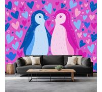 Papier Peint Intissé Couple De Manchots De Dessin Animé Cœurs 450 x 315 cm Papier Peint Photo Panoramique, Rose Poster Mural Personnalisé pour Salon Cuisines Chambre Adulte Enfant Décor Murale
