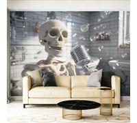 Papier peint intissé Crâne gothique amusant Décoration Murale 350 x 256 cm Poster Tableaux Muraux Tapisserie Panoramique Photo Trompe l'oeil Murale Salon Chambre Blanc ivoire