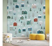 Papier Peint Intissé Dessin Animé, Papier Peint Panoramique Ville Européenne Flocon De Neige Hiver, Fresque Murale - Décoration Murale Pour Salon, Chambre, Bureau - 450 x 315 cm(non adhésif)