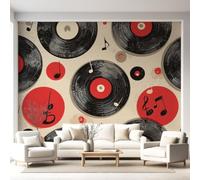 Papier Peint Intissé Disques vinyles Notes de musique De Musique Rétro vintage Rock and roll Panoramique Fresque Murale, Papier Peint Panoramique Pour Salon Chambre Fond Tv Décoration - 150 x 105 cm