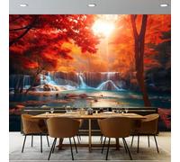 Papier Peint Intissé effet 3D 250 x 175 cm, Style Nature Motif Jungle D'Automne, Papier Peint Panoramique Orange-Rouge - RevêTement Mural DéCoration Salon Chambre Fond de TV