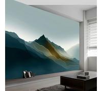 Papier Peint Intissé effet 3D Abstrait Chinois Montagnes Lignes, Papier Peint Panoramique Bleu Sarcelle - RevêTement Mural DéCoration Salon Chambre Fond de TV 300 x 210 cm (L x H)