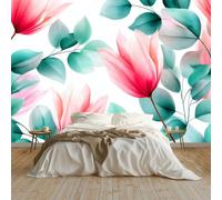 Papier Peint Intissé effet 3D Élégant Floral Rose Feuilles, Papier Peint Panoramique Vert - RevêTement Mural DéCoration Salon Chambre Fond de TV 400 x 280 cm (L x H)