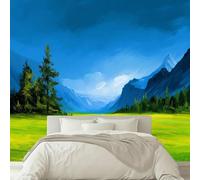Papier Peint Intissé effet 3D Nature Prairie Montagnes, Papier Peint Panoramique Turquoise - RevêTement Mural DéCoration Salon Chambre Fond de TV 300 x 210 cm (L x H)
