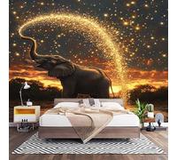 Papier Peint Intissé éLéPhants de La Savane Laine Papier Peint Panoramique Enfant 3D Effet Salon Chambre Bureau Couloir Peinture LumièRe DoréE Des éToiles Murale Décor Mural Moderne 450x315 cm