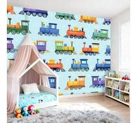 Papier Peint Intissé Enfant 400 x 280 cm, Papier Mural Panoramique Modèle De Train, Style Dessin Animé Poster Géant Décoration Murale Idéal pour Chambre d’Enfant, Chambre Bébé