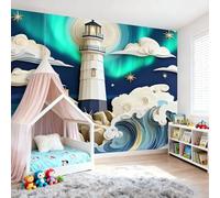 Papier Peint Intissé Enfant 400 x 280 cm, Papier Mural Panoramique Motif De Vague De Phare, Style 3D Poster Géant Décoration Murale Idéal pour Chambre d’Enfant, Chambre Bébé