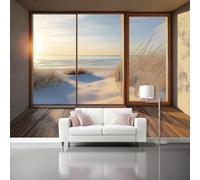 Papier Peint Intissé Extension de l'espace avec fenêtres avec Papier Peint Panoramique Couleurs chaudes Jaune Tableaux Photo Muraux Utilisé Pour Salon Chambre 200 x 140 cm