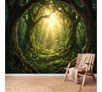 Papier Peint Intissé Fantastique Paysage Poster Tableaux, 250 x 175 cm | Forêt Arbres Lumière Du Soleil Papier Peint Panoramique Pour Salon Chambre, Vert Marron Facile à essuyer Décoration Murale