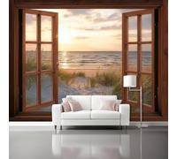 Papier Peint Intissé Fenêtres en bois au bord de mer, paysage réaliste Papier Peint Panoramique Orange Bleu Tableaux Photo Muraux Utilisé Pour Salon Chambre 350 x 256 cm