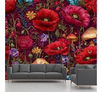 Papier Peint Intissé Fleur De Pavot, Fresque Murale Champignon Fleur Bohème Diamant Rose Rouge, Papier Peint Panoramique - Pour Salon, Chambre, Bureau - 350 x 245 cm - Décoration Murale(non adhésif)