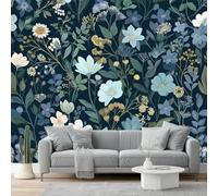 Papier Peint Intissé Fleurs de nuit sombre Nature bleue Papier Peint Panoramique Bleu foncé Bleu clair Tableaux Photo Muraux Utilisé Pour Salon Chambre Chambre D'Enfant Décoration Murale 200 x 140 cm