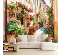 Papier Peint Intissé Fleurs des ruelles de la ville 300x210 cm Papier Peint Panoramique Moderne, Papier Peint Mural Photo pour Salon, Chambre, Décor Fond TV