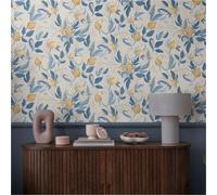 Livingwalls papier peint intissé à motifs de fleurs et de feuilles blanc, bleu et jaune - papier peint floral 10,05 m x 0,53 m de COSMOPOLITAN - 790626