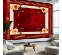 Papier Peint Intissé Floral Cadre Géométrique Rectangulaire 400 x 280 cm, Décoration Murale Poster Tableaux Muraux Papier peint Photo Chinois Traditionnel pour Salon Chambre de Enfants Décor Fond TV