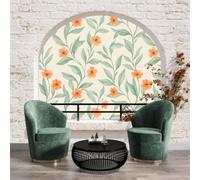 Papier Peint Intissé Fresque Murale Fleurs et feuilles à l'aquarelle fleurs orange Décoration Murale Salon Chambre Grand Format,Vert sauge,300x210cm ,Non Adhésif,Papier peint 3D Effet fenêtre