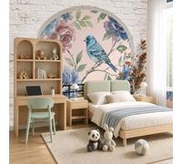 Papier Peint Intissé Fresque Murale La campagne anglaise Fleurs, oiseaux et branches de luxe Décoration Murale Salon Chambre Grand Format,rose,368x254cm ,Non Adhésif,Papier peint 3D Effet fenêtre