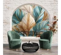 Papier Peint Intissé Fresque Murale Motifs modernes de luxe feuilles de plantes de la jungle Décoration Murale Salon Chambre Grand Format,Beige,300x210cm ,Non Adhésif,Papier peint 3D Effet fenêtre