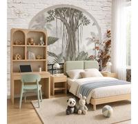 Papier Peint Intissé Fresque Murale Plantez un palmier paysage naturel forestier Décoration Murale Salon Chambre Grand Format,Vert sauge,300x210cm ,Non Adhésif,Papier peint 3D Effet fenêtre