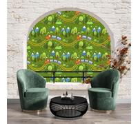 Papier Peint Intissé Fresque Murale style ferme de campagne Train de dessin animé Décoration Murale Salon Chambre Grand Format,gazon vert,400x280cm ,Non Adhésif,Papier peint 3D Effet fenêtre