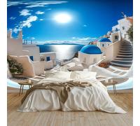 Papier Peint Intissé Grèce Santorin Côtier Panoramique Papier Peint 350x256 cm pour Salon Chambre Décoration Murale pour Adolescents et Enfants Murale