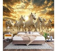 Papier Peint Intissé Groupe de Chevaux Blancs Laine Papier Peint Panoramique Enfant 3D Effet Salon Chambre Bureau Couloir Peinture Or Murale Décor Mural Moderne 200x140 cm