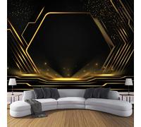 Papier peint intissé Hexagonal Avec Des Lignes Dorées 250 x 175 cm, Noir Papier Peint Panoramique Style Géométrique Technologique Décoration Murale Poster Tableaux, décorative pour Salon Chambre