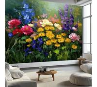 Papier peint intissé jardin fleurs coloré feuilles, fresque murale design style peinture à l'huile pour chambre et bureau - papier peint facile à poser - décoration murale amovible 500 x 280 cm