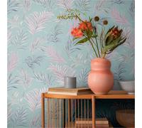 Livingwalls papier peint intissé à motif de feuilles bleu, rose et gris - papier peint jungle exotique 10,05 m x 0,53 m de COSMOPOLITAN - 791082
